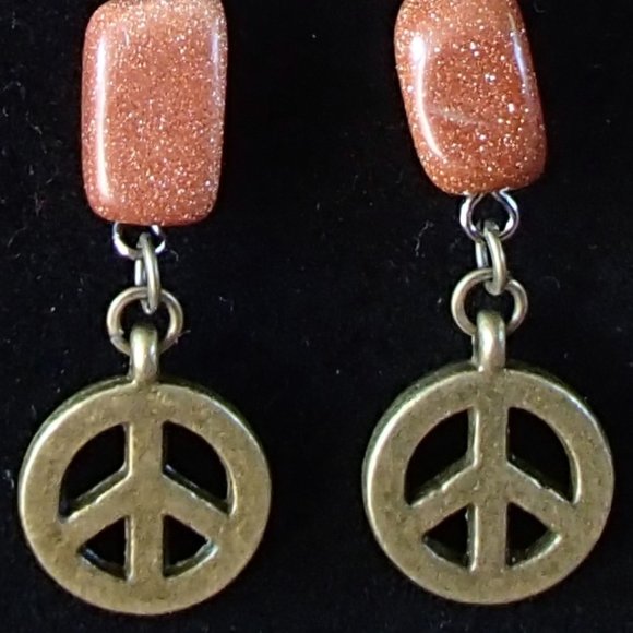 Speckled Goldstone Labradorite Gemstone Earrings Rondelle Spacers Brass Peace - Picture 12 of 13